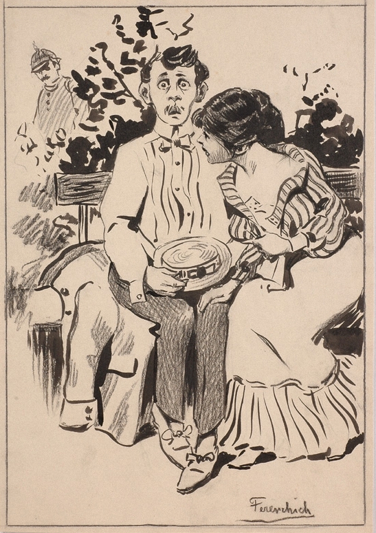 Young Couple Interrupted By A Policeman - signed Ferenchich, c.1900